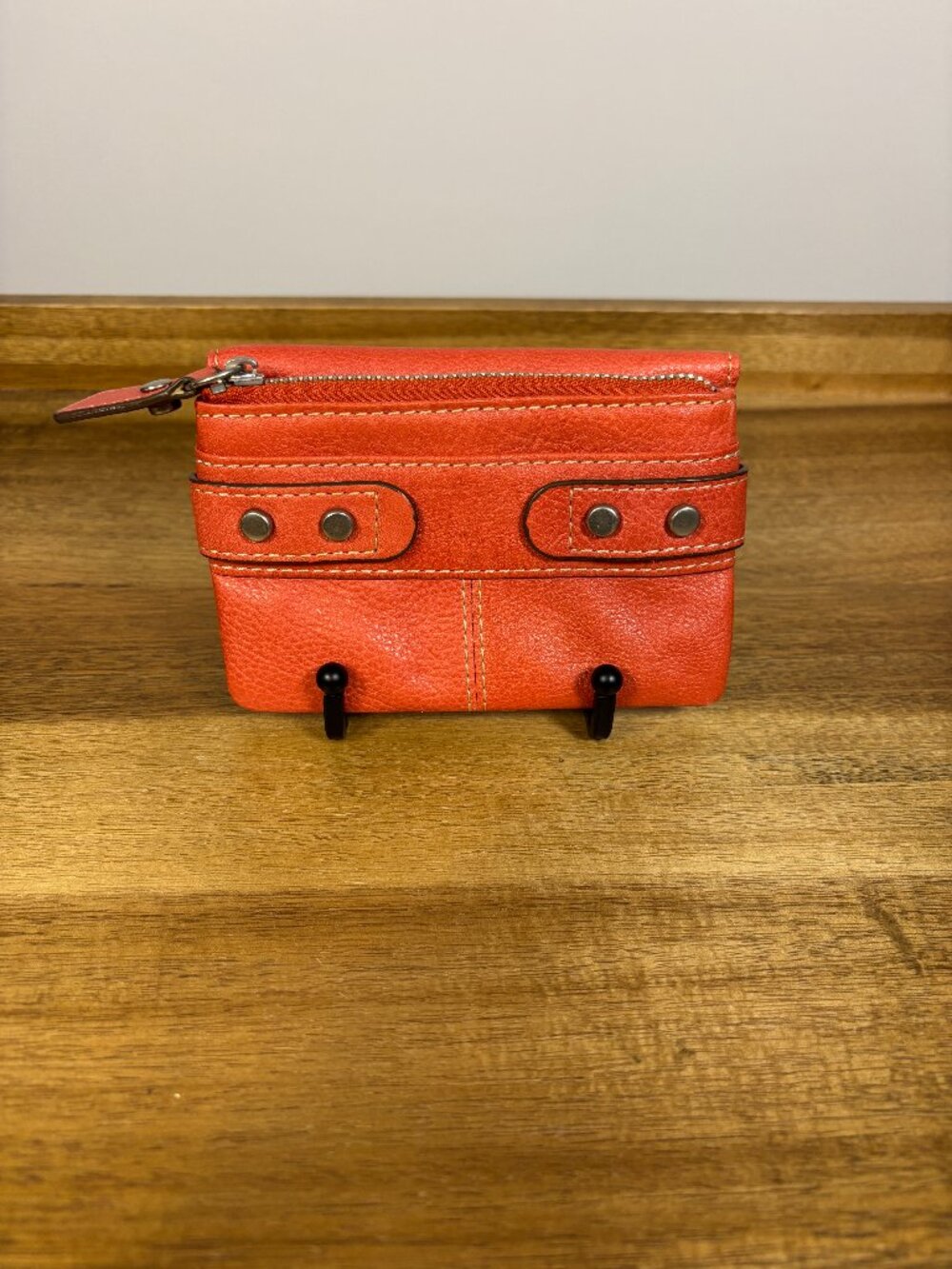 Fossil Salmon Pink Leather Bifold Wallet Metal Rivets